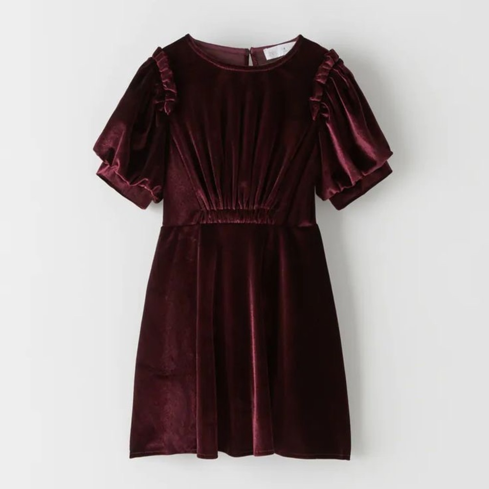 Zara Girls Velvet Ruffle Puff Sleeve Elegant Dress - Burgundy - Picture 4 of 11